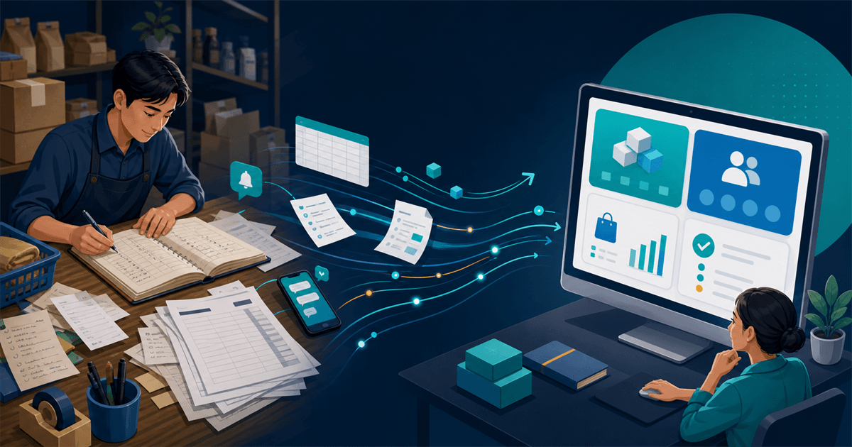 Ilustrasi meja kerja bisnis dengan catatan, percakapan pelanggan, dan spreadsheet yang terhubung ke satu dashboard digital