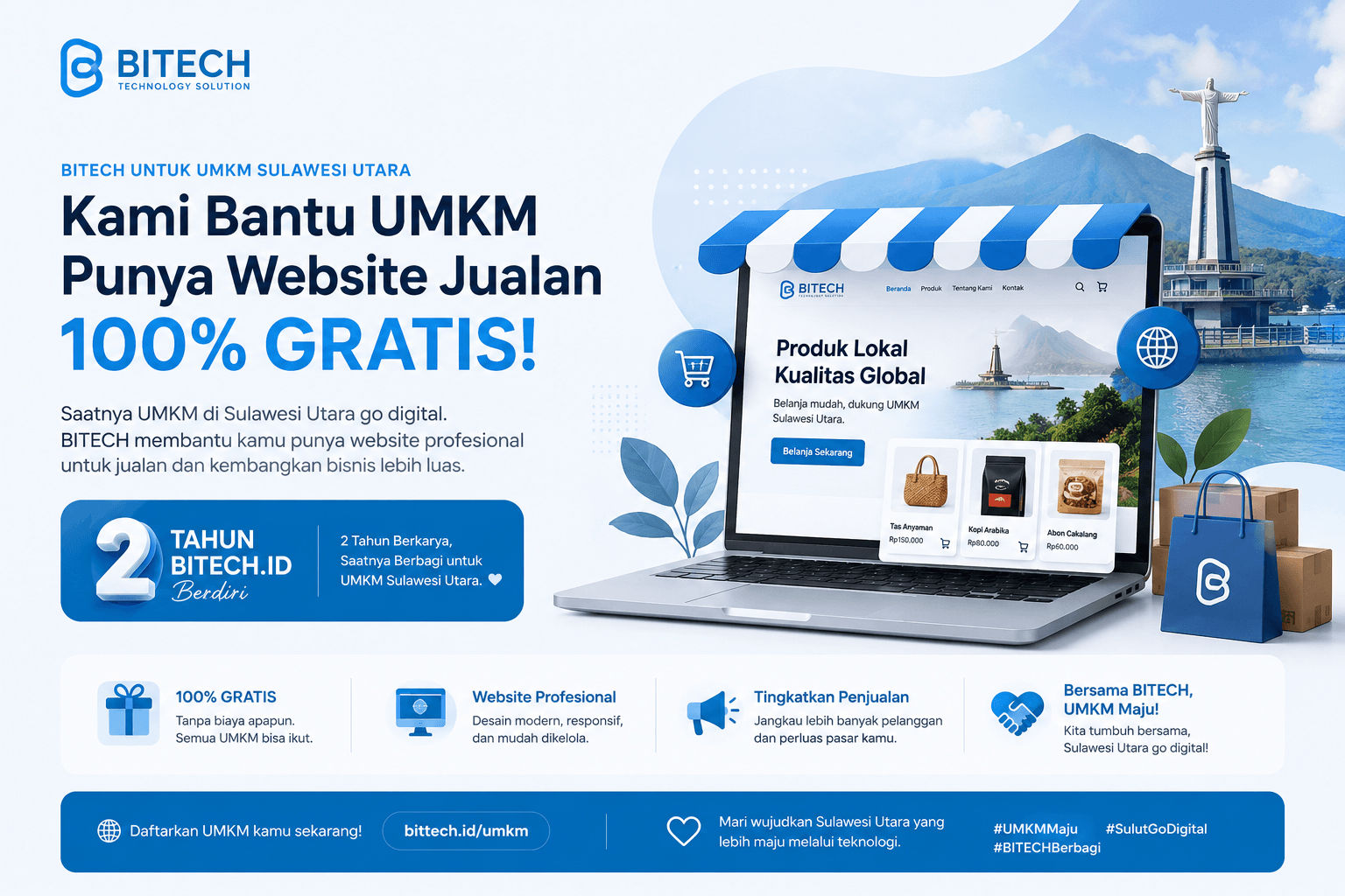 Banner program website jualan gratis 100% dari Bitech untuk UMKM Sulawesi Utara dalam rangka 2 tahun berdiri