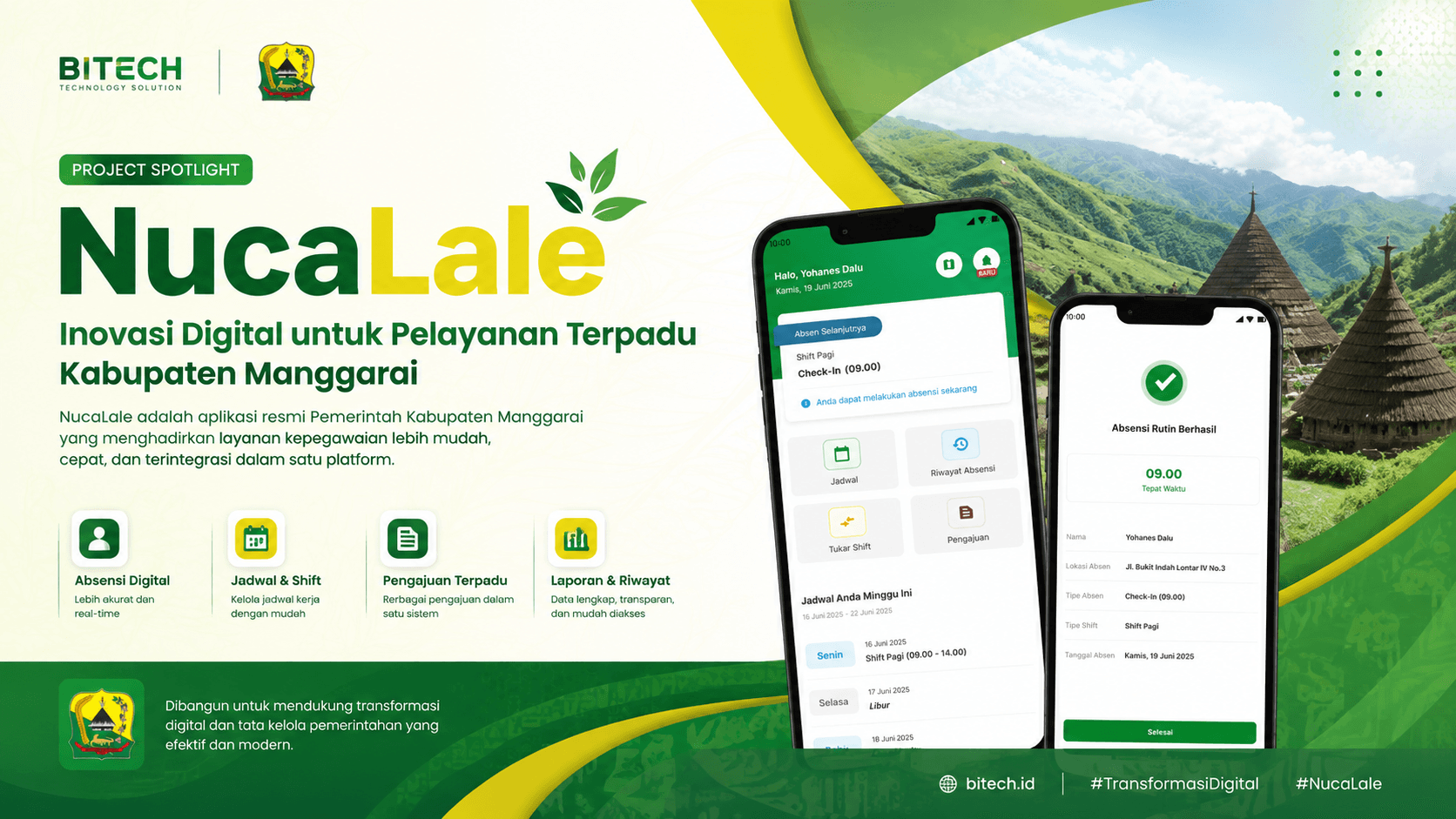 Antarmuka aplikasi mobile NucaLale yang memuat fitur absensi, jadwal kerja, shift, dan pengajuan kepegawaian Pemerintah Kabupaten Manggarai